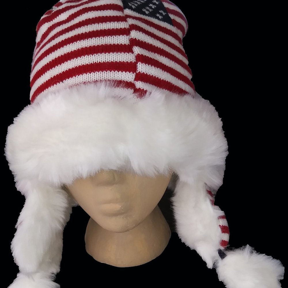 Winter USA Flag hat with ear flaps and pom pom